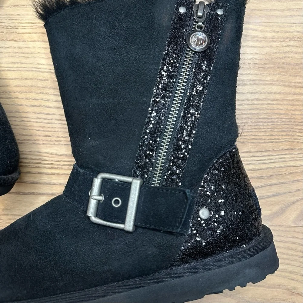 UGG Blaise Glitter Moto Sheepskin Black Suede Winter Boots Zipper Buckle Detail
